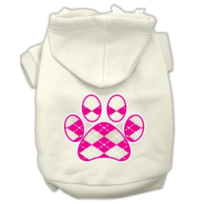 Argyle Paw Pink Screen Print Pet Hoodies Cream Size L