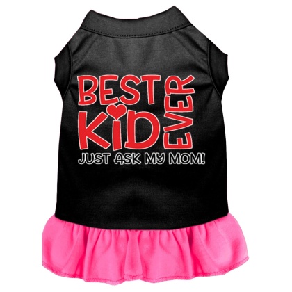 Ask My Mom Screen Print Dog Dress Black with Bright Pink Lg