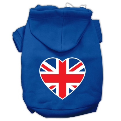 British Flag Heart Screen Print Pet Hoodies Blue Size Med