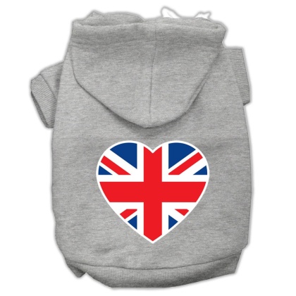 British Flag Heart Screen Print Pet Hoodies Grey Size Lg