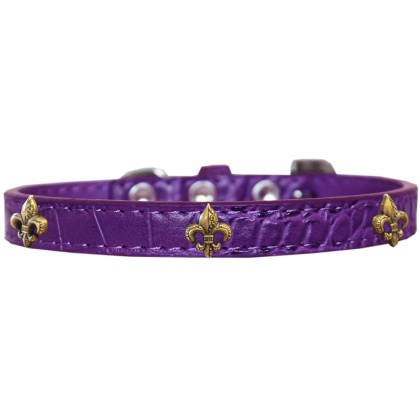 Bronze Fleur De Lis Widget Croc Dog Collar Purple Size 10