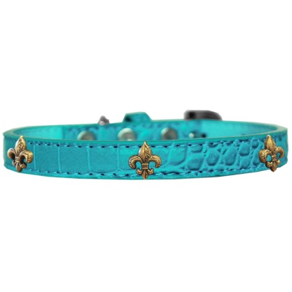 Bronze Fleur De Lis Widget Croc Dog Collar Turquoise Size 10