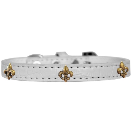 Bronze Fleur De Lis Widget Croc Dog Collar White Size 10