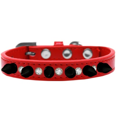 Crystal and Black Spikes Dog Collar Red Size 10