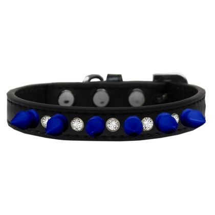 Crystal and Blue Spikes Dog Collar Black Size 10
