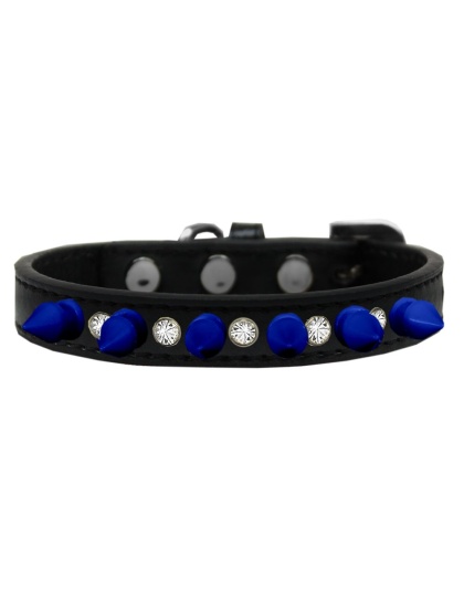 Crystal and Blue Spikes Dog Collar Black Size 10