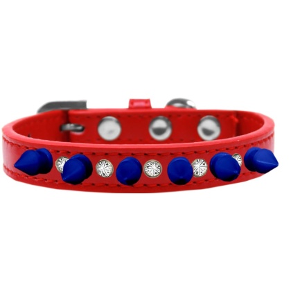 Crystal and Blue Spikes Dog Collar Red Size 10