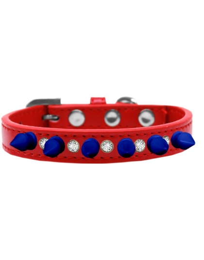 Crystal and Blue Spikes Dog Collar Red Size 10