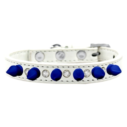 Crystal and Blue Spikes Dog Collar White Size 10