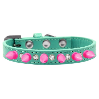 Crystal and Bright Pink Spikes Dog Collar Aqua Size 10