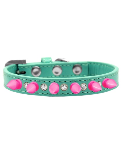 Crystal and Bright Pink Spikes Dog Collar Aqua Size 10