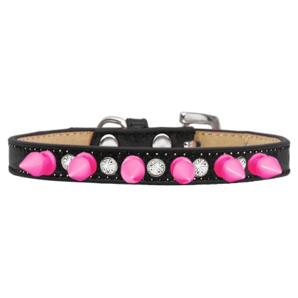 Crystal and Bright Pink Spikes Dog Collar Black Ice Cream Size 10
