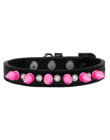 Crystal and Bright Pink Spikes Dog Collar Black Size 10