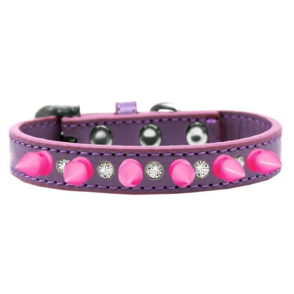 Crystal and Bright Pink Spikes Dog Collar Lavender Size 10