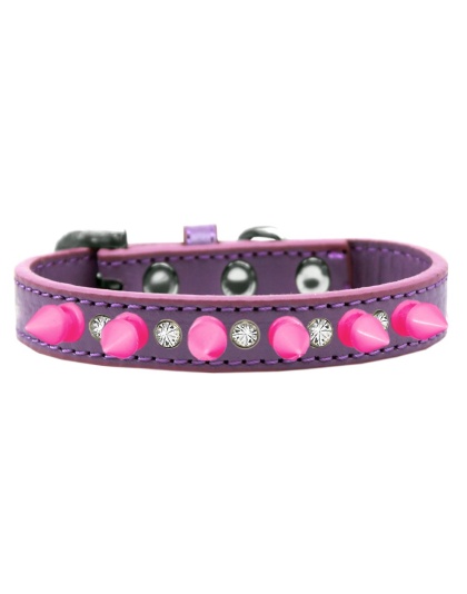 Crystal and Bright Pink Spikes Dog Collar Lavender Size 10