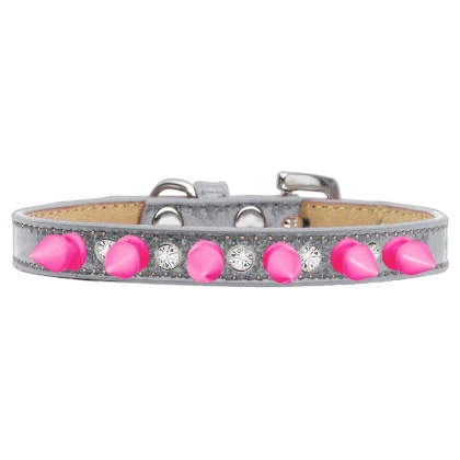 Crystal and Bright Pink Spikes Dog Collar Silver Ice Cream Size 10