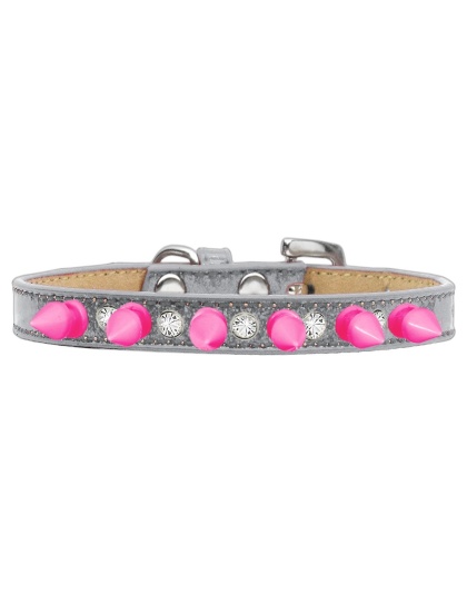 Crystal and Bright Pink Spikes Dog Collar Silver Ice Cream Size 10