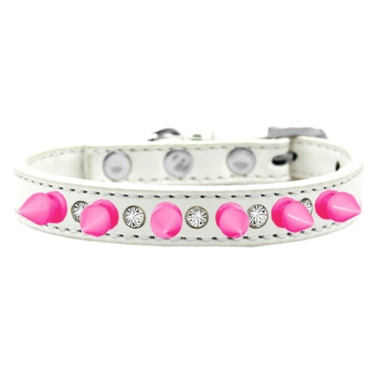 Crystal and Bright Pink Spikes Dog Collar White Size 10