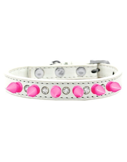 Crystal and Bright Pink Spikes Dog Collar White Size 10