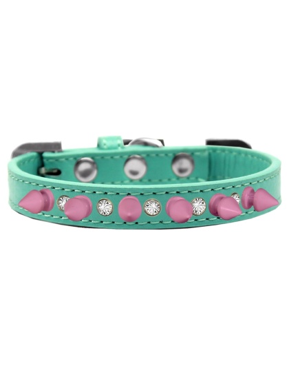 Crystal and Light Pink Spikes Dog Collar Aqua Size 10