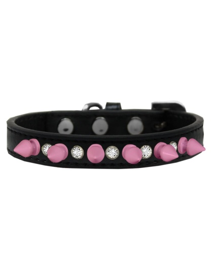 Crystal and Light Pink Spikes Dog Collar Black Size 10