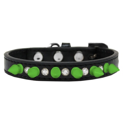 Crystal and Neon Green Spikes Dog Collar Black Size 10
