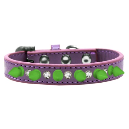 Crystal and Neon Green Spikes Dog Collar Lavender Size 10