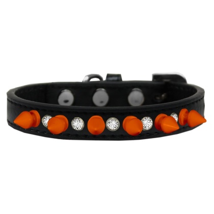 Crystal and Neon Orange Spikes Dog Collar Black Size 10
