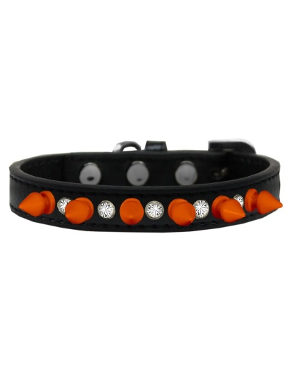 Crystal and Neon Orange Spikes Dog Collar Black Size 10