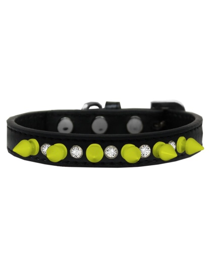 Crystal and Neon Yellow Spikes Dog Collar Black Size 10