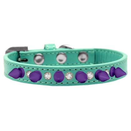 Crystal and Purple Spikes Dog Collar Aqua Size 10