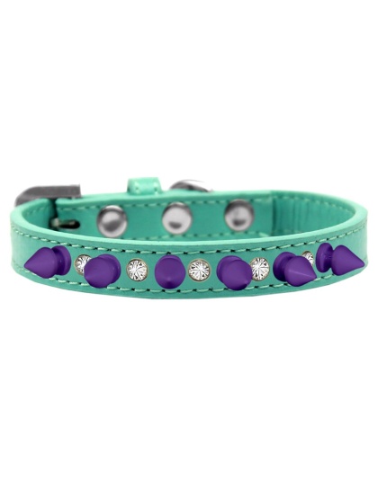 Crystal and Purple Spikes Dog Collar Aqua Size 10