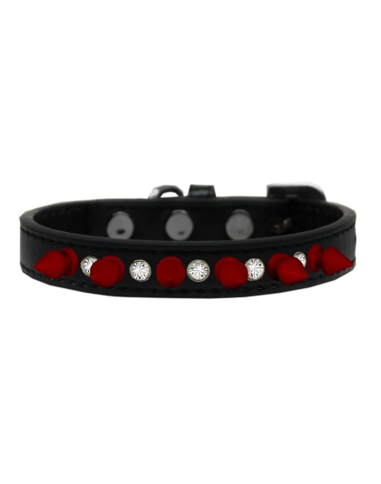 Crystal and Red Spikes Dog Collar Black Size 10