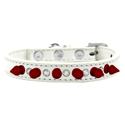 Crystal and Red Spikes Dog Collar White Size 10