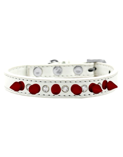 Crystal and Red Spikes Dog Collar White Size 10