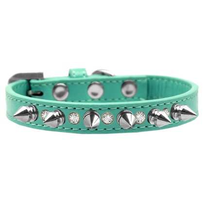 Crystal and Silver Spikes Dog Collar Aqua Size 10