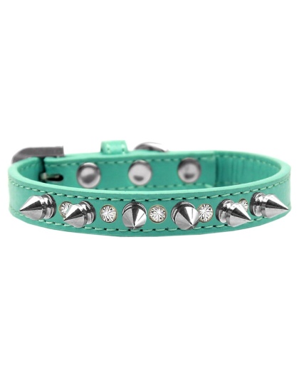 Crystal and Silver Spikes Dog Collar Aqua Size 10