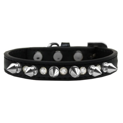 Crystal and Silver Spikes Dog Collar Black Size 10