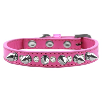 Crystal and Silver Spikes Dog Collar Bright Pink Size 10