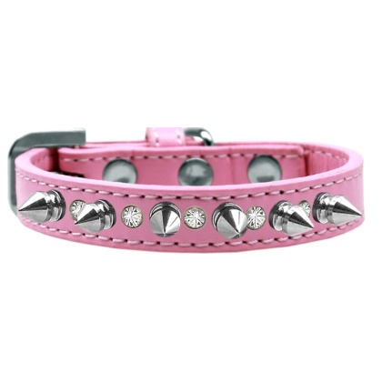 Crystal and Silver Spikes Dog Collar Light Pink Size 10