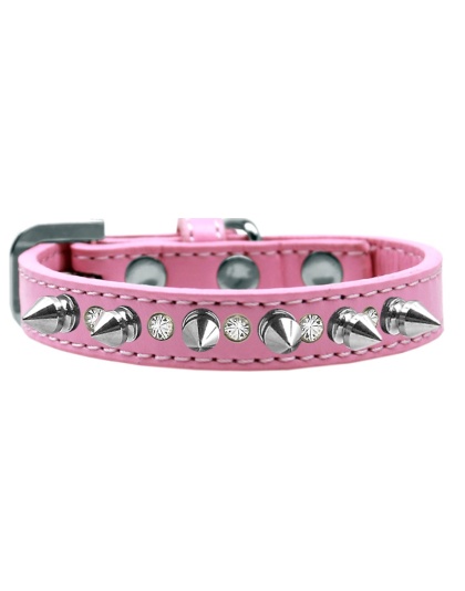 Crystal and Silver Spikes Dog Collar Light Pink Size 10