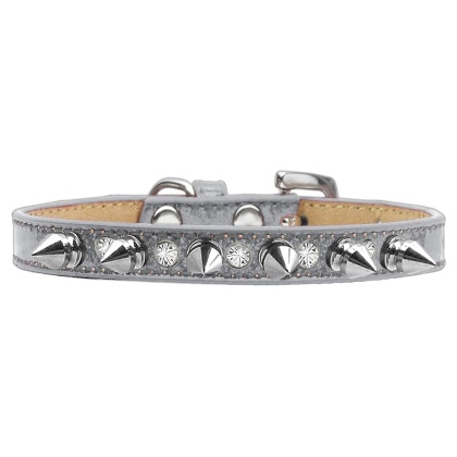 Crystal and Silver Spikes Dog Collar Silver Ice Cream Size 10