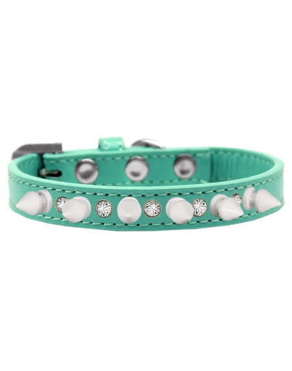 Crystal and White Spikes Dog Collar Aqua Size 10