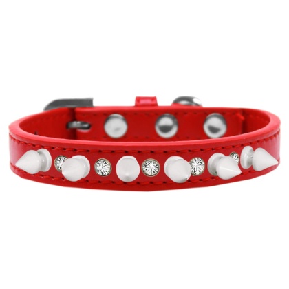 Crystal and White Spikes Dog Collar Red Size 10