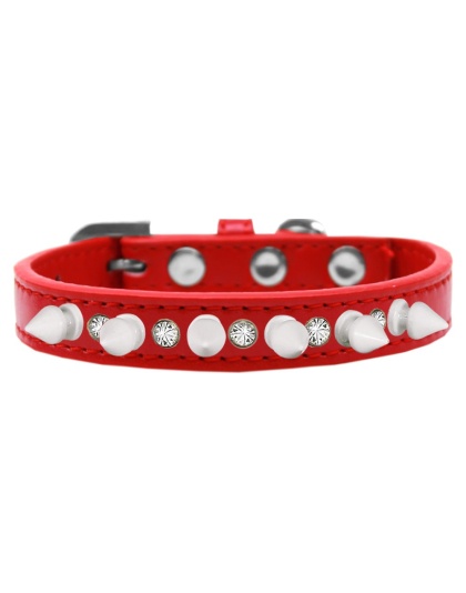 Crystal and White Spikes Dog Collar Red Size 10