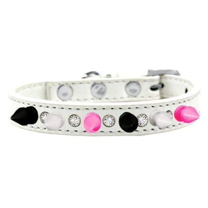 Crystal with Black, White and Bright Pink Spikes Dog Collar White Size 10