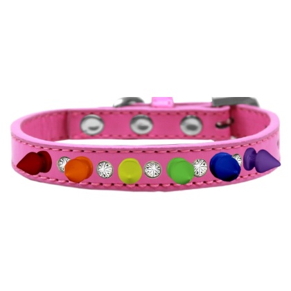 Crystal with Rainbow Spikes Dog Collar Bright Pink Size 10