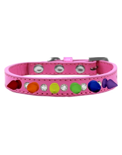 Crystal with Rainbow Spikes Dog Collar Bright Pink Size 10