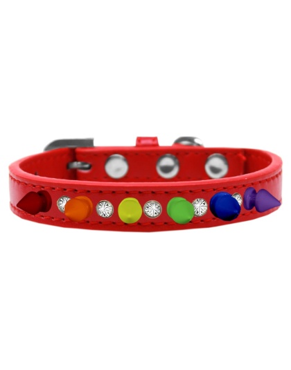 Crystal with Rainbow Spikes Dog Collar Red Size 10