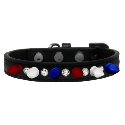 Crystal with Red, White and Blue Spikes Dog Collar Black Size 10
